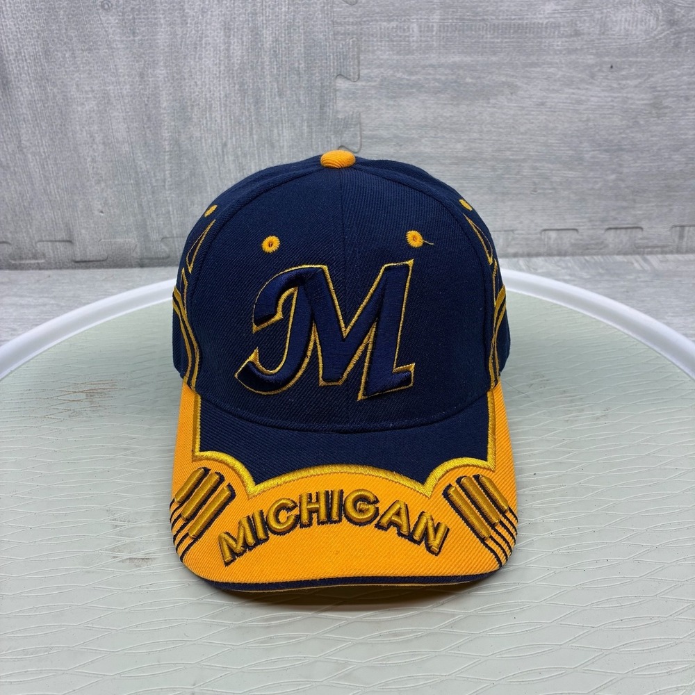 Vintage Y2K Michigan Wolverines Hat Cap Strap Back Navy Blue Yellow Embroidered